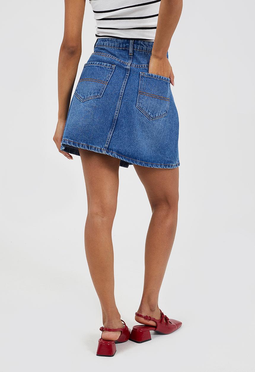 Brave Soul - Ladies Button Down A Line Mini Skirt - Mid Wash Blue