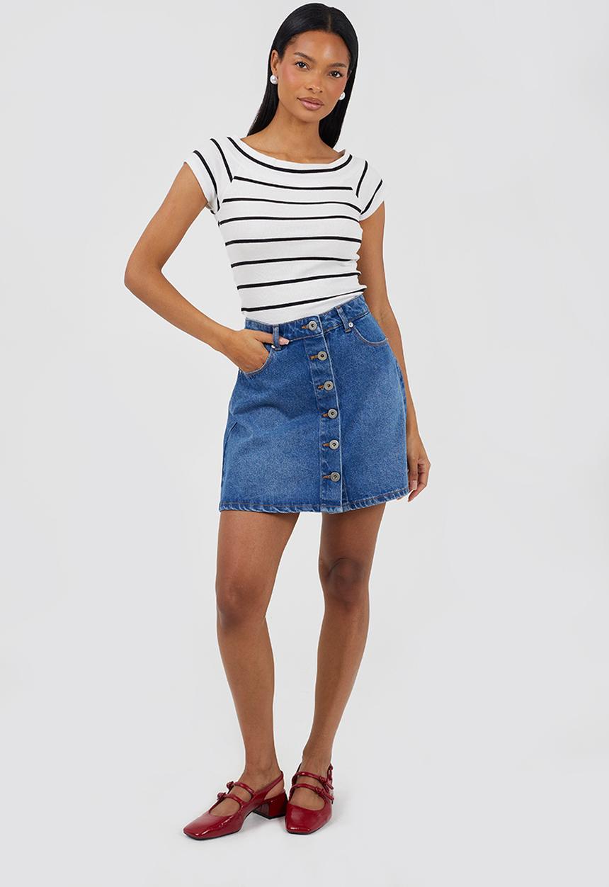 Brave Soul - Ladies Button Down A Line Mini Skirt - Mid Wash Blue