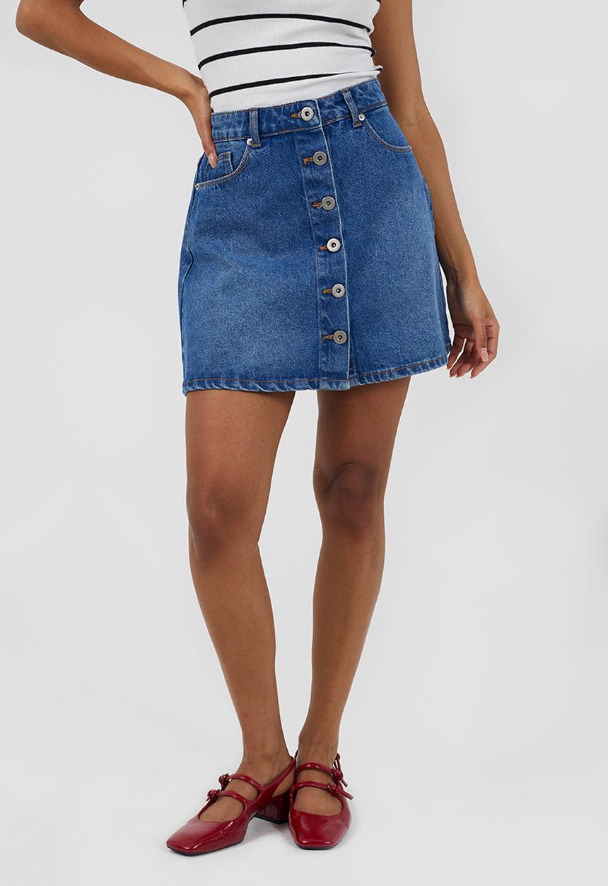 Brave Soul - Ladies Button Down A Line Mini Skirt - Mid Wash Blue