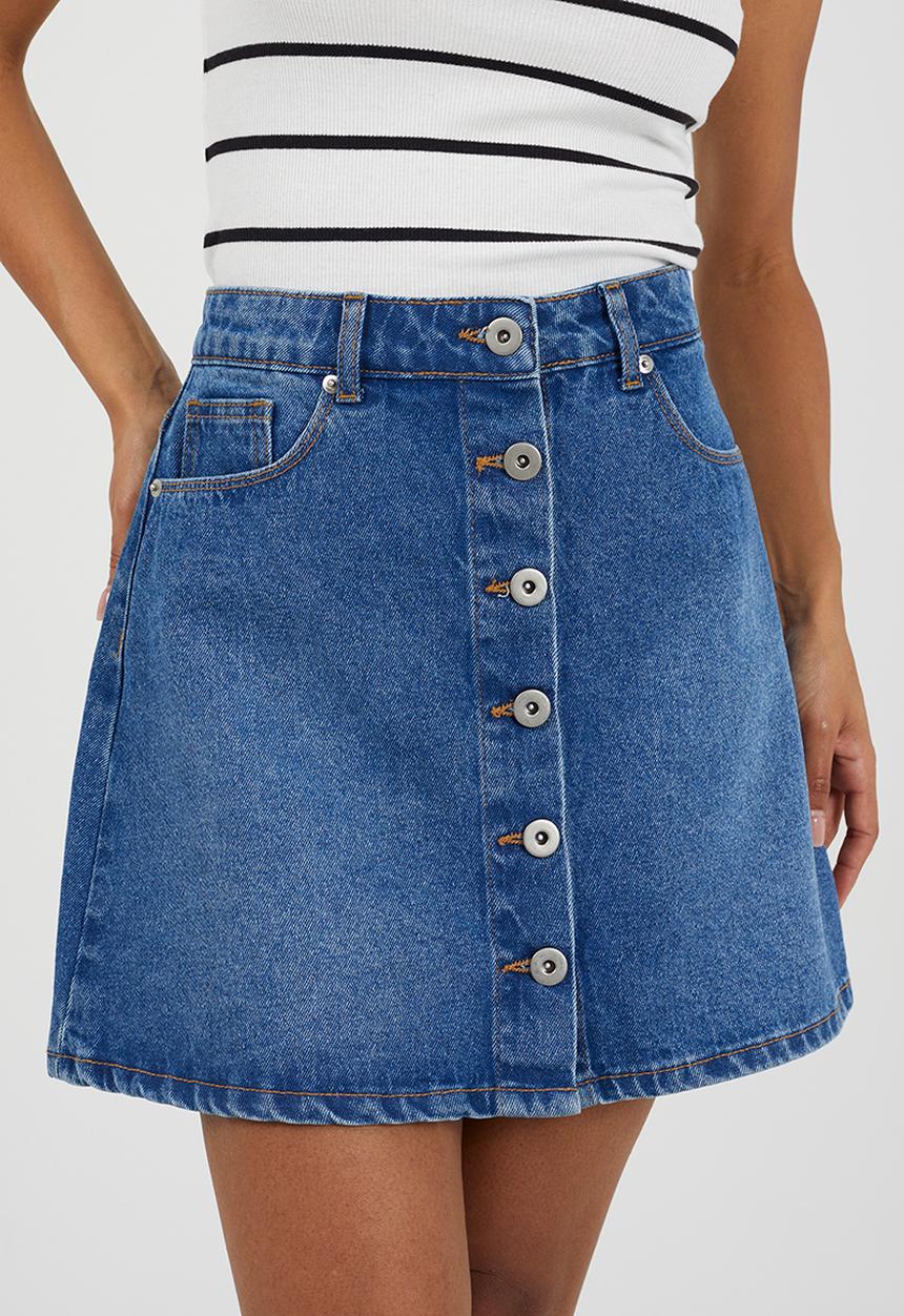 Brave Soul - Ladies Button Down A Line Mini Skirt - Mid Wash Blue