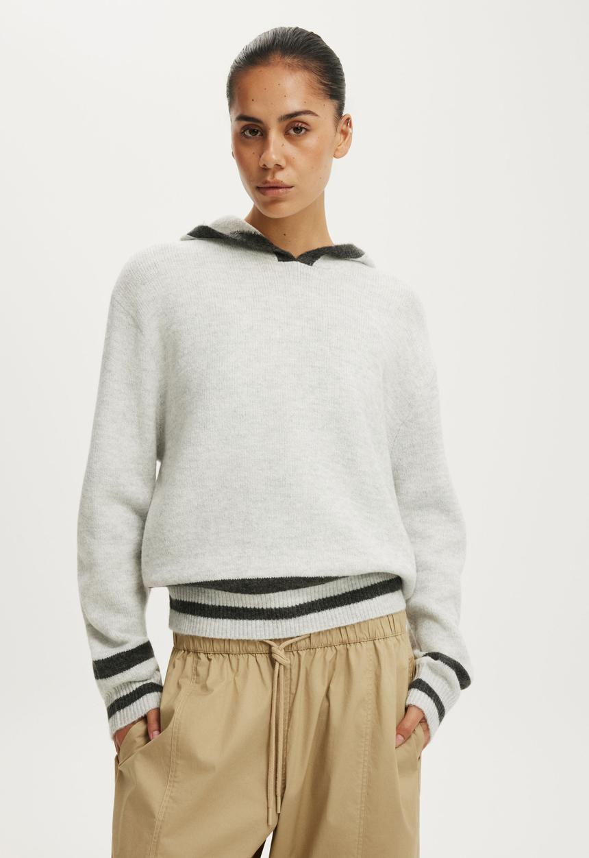 Cotton On - Sporty Stripe Hooded Knit - Grey Marle