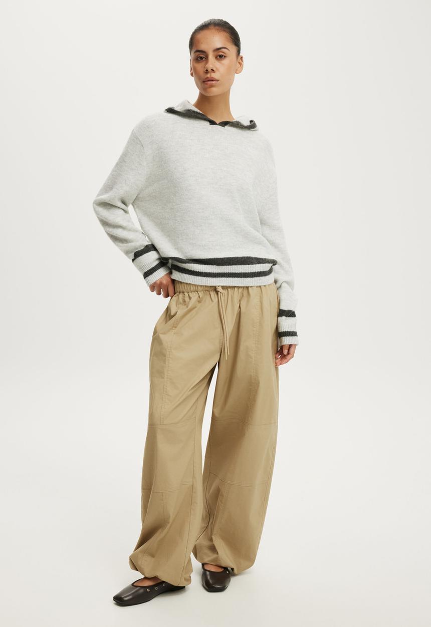 Cotton On - Sporty Stripe Hooded Knit - Grey Marle