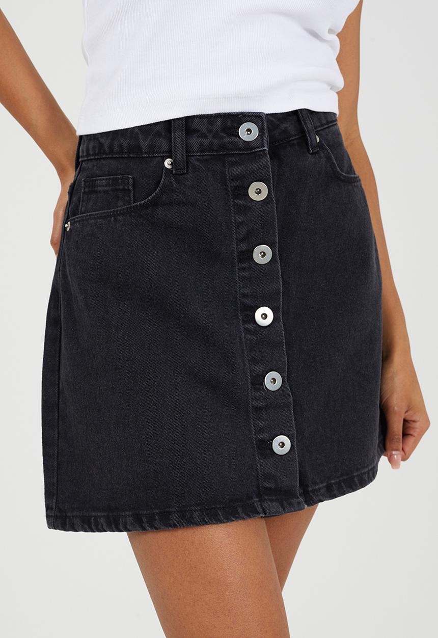 Brave Soul - Ladies Button Down A Line Mini Skirt - Washed Black
