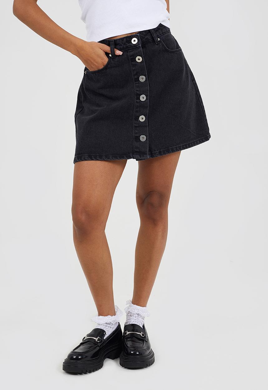 Brave Soul - Ladies Button Down A Line Mini Skirt - Washed Black