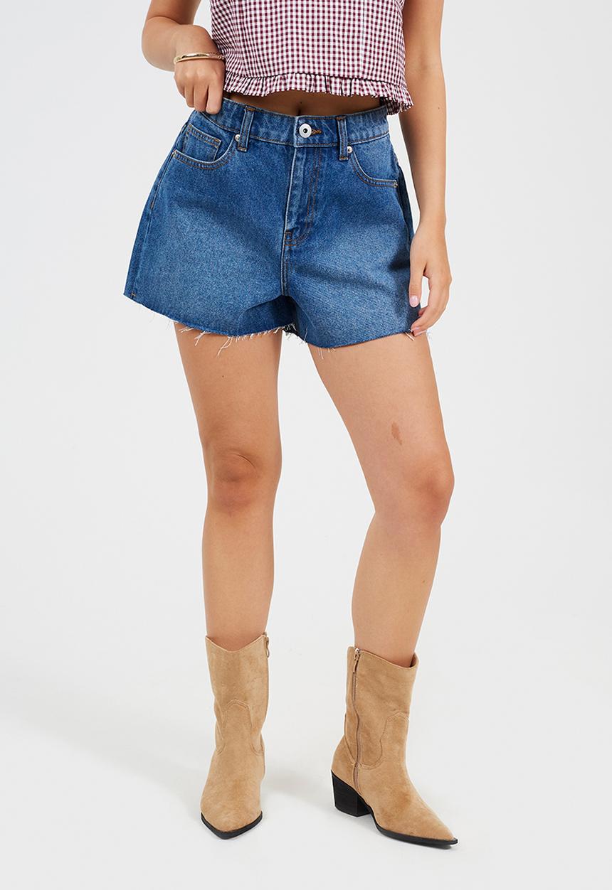 Brave Soul - Ladies Distressed Denim Short - Dark Vintage Blue