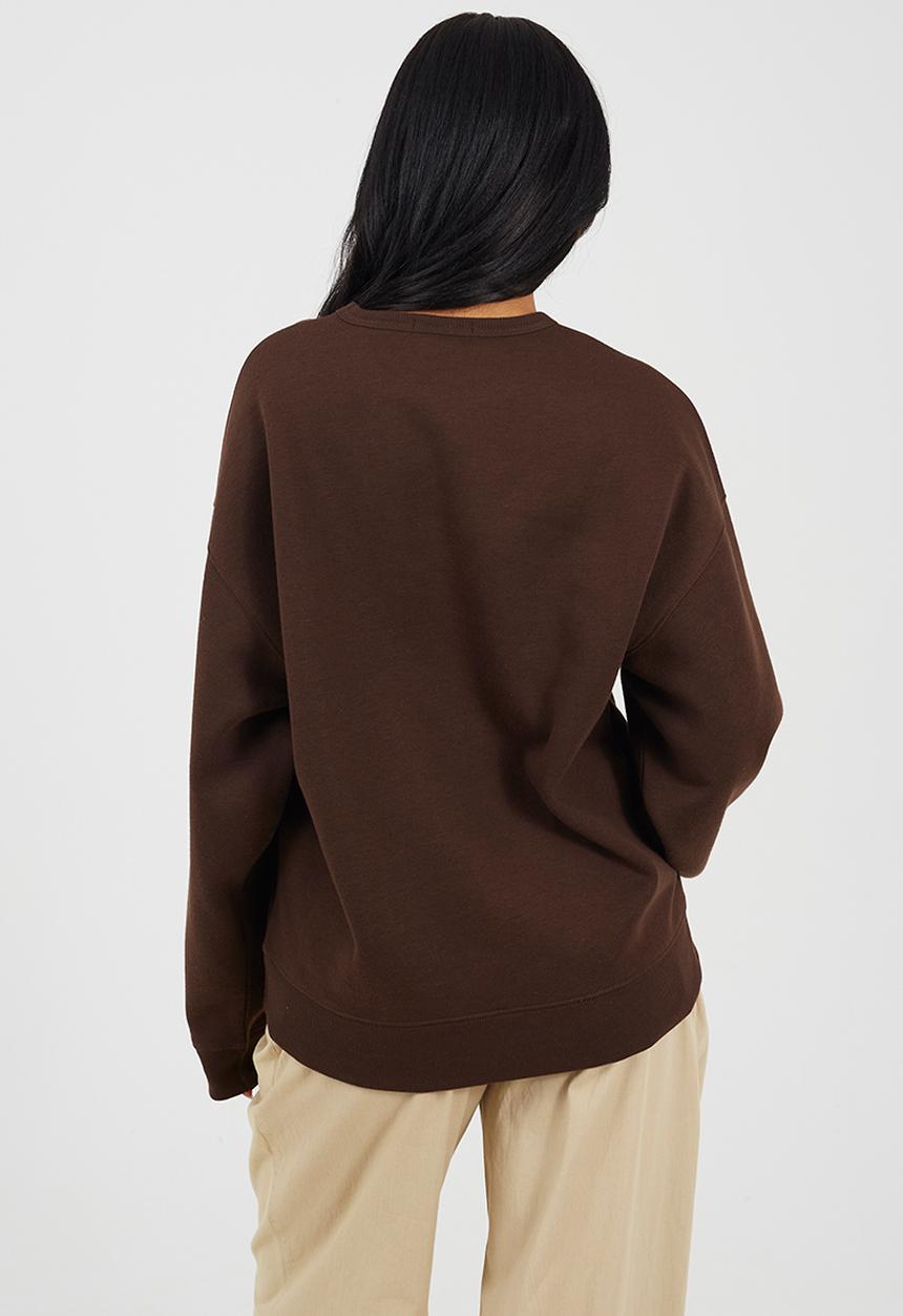 Brave Soul - Ladies Crew Neck Sweatshirt With Embroidery - Chocolate/White