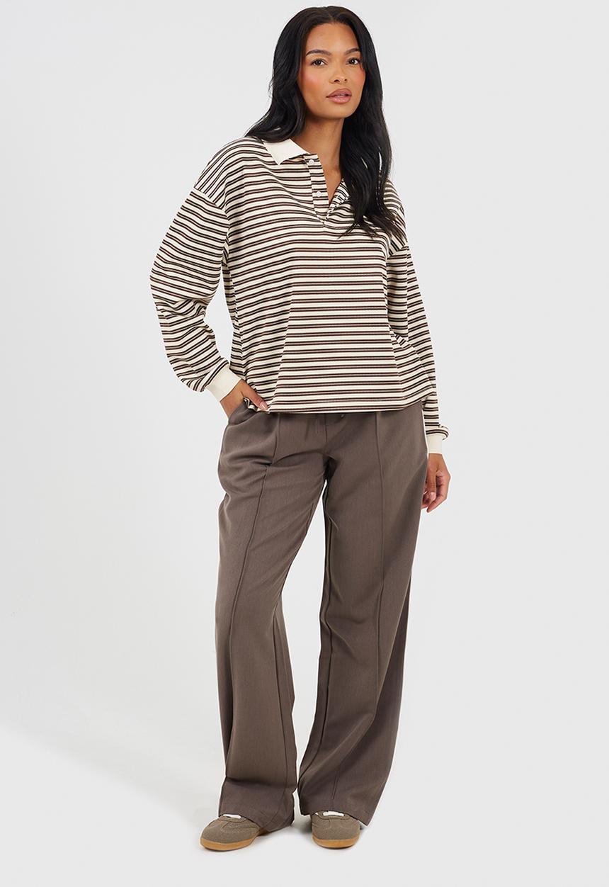 Brave Soul - Ladies Tailored Trouser With Contrast Waistband - Chocolate/White