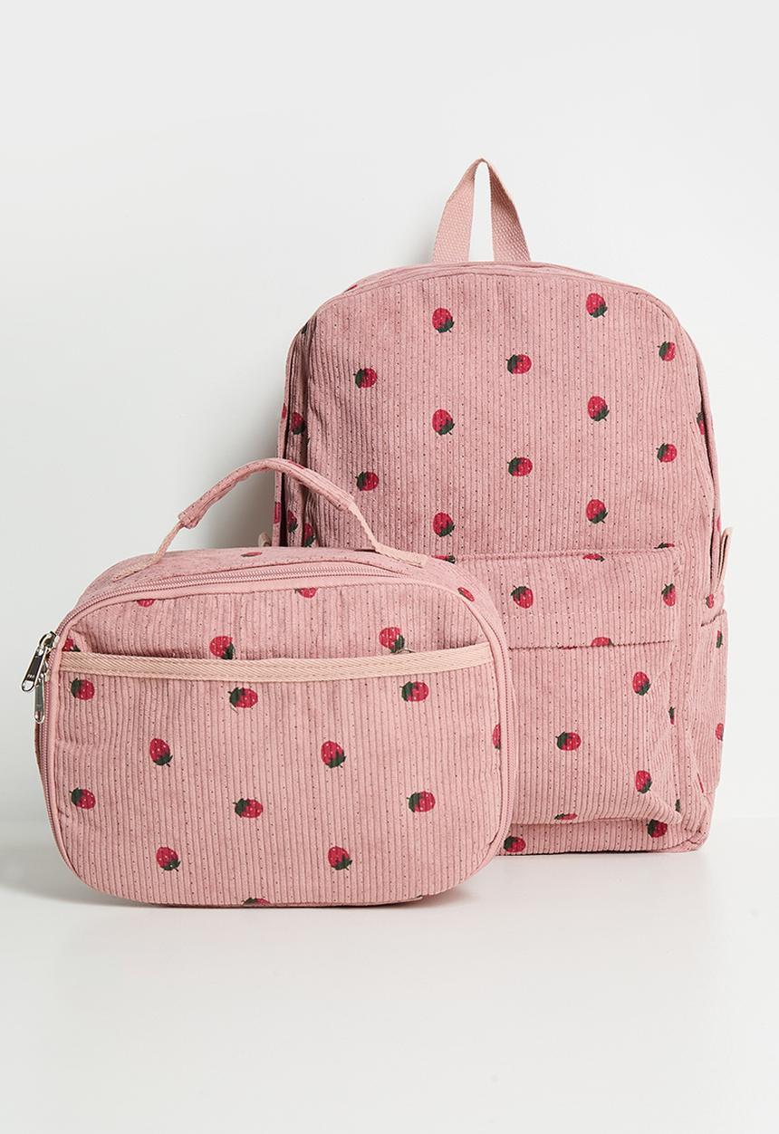 Pop Candy - Corduroy backpack and lunch bag - mauve pink/polka dots