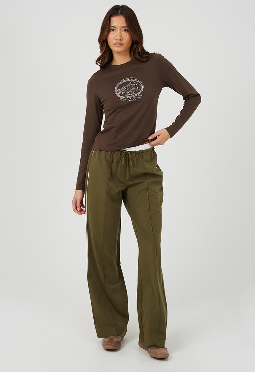 Brave Soul - Ladies Tailored Trouser With Contrast Waistband - Khaki/White