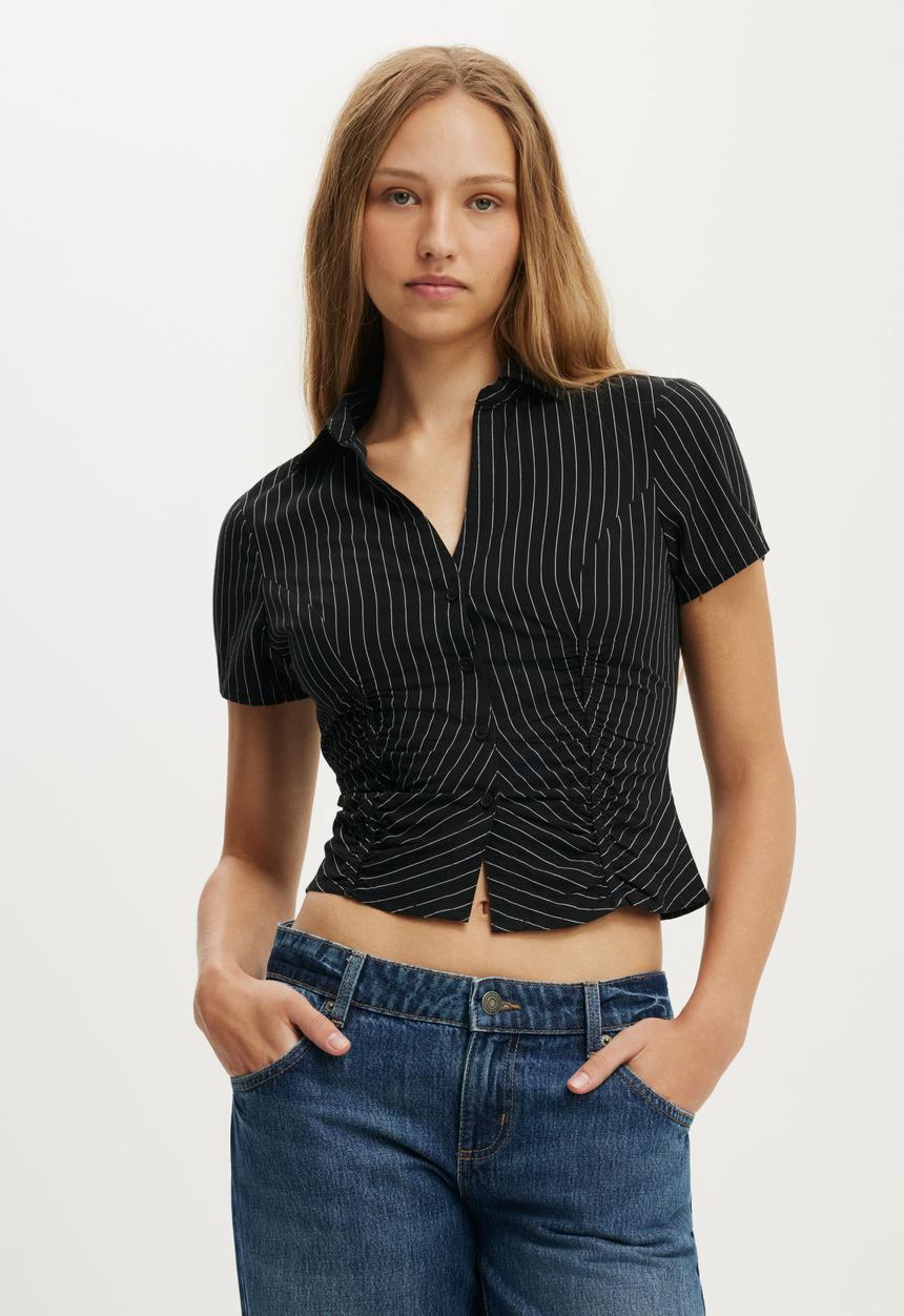 Cotton On - Maya Rouched Shirt - Kylie Black Pinstripe