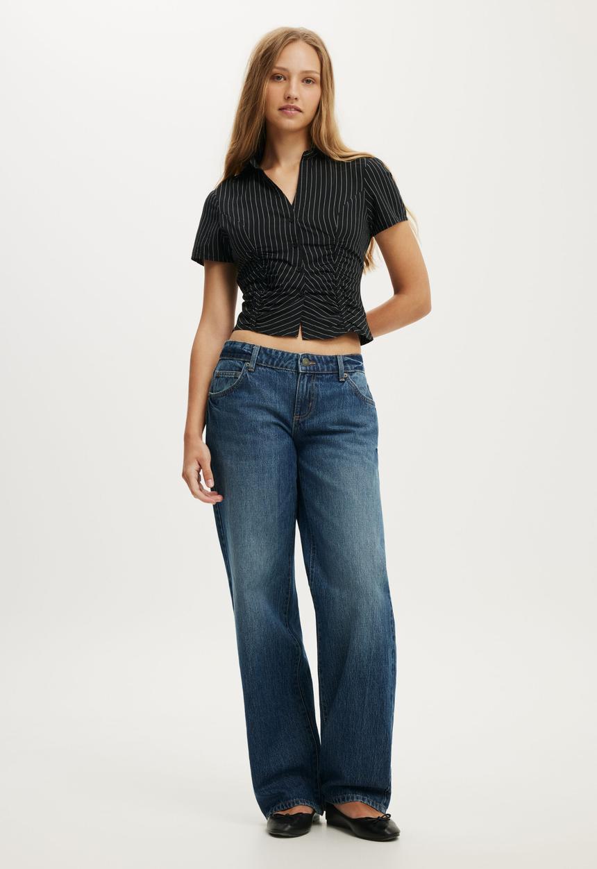 Cotton On - Maya Rouched Shirt - Kylie Black Pinstripe