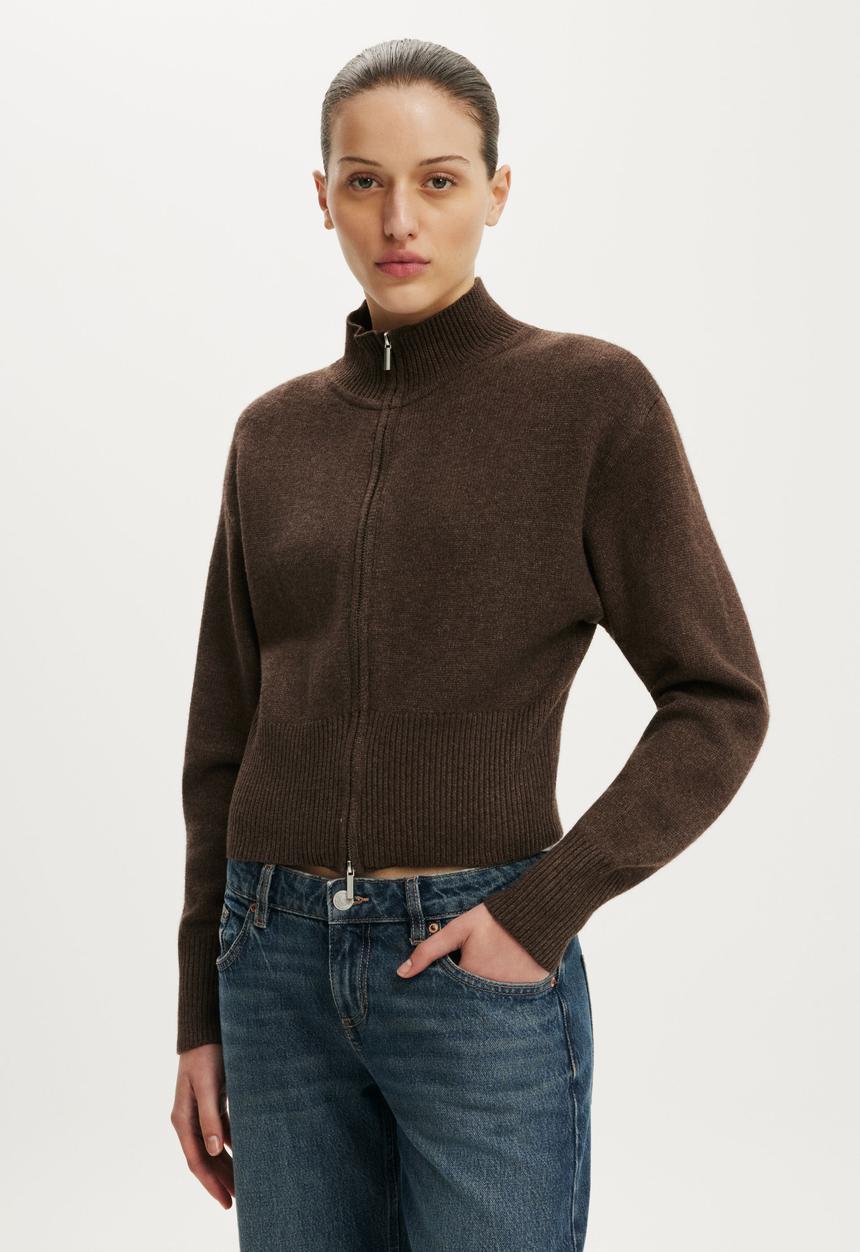 Cotton On - Lotus Cinched Zip Knit - Dark Oak