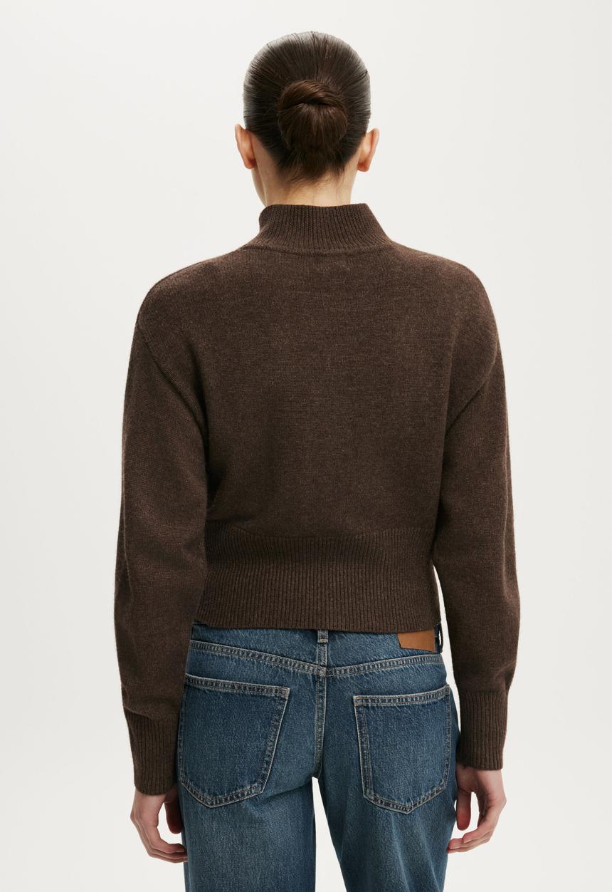 Cotton On - Lotus Cinched Zip Knit - Dark Oak