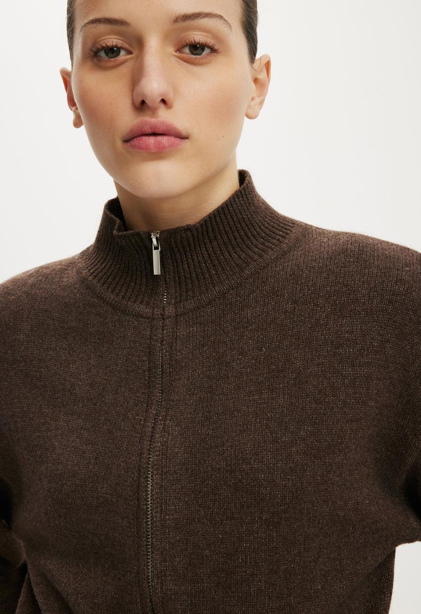 Cotton On - Lotus Cinched Zip Knit - Dark Oak