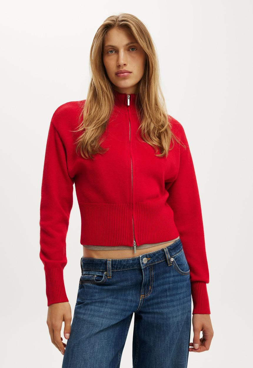 Cotton On - Lotus Cinched Zip Knit - Red Petal