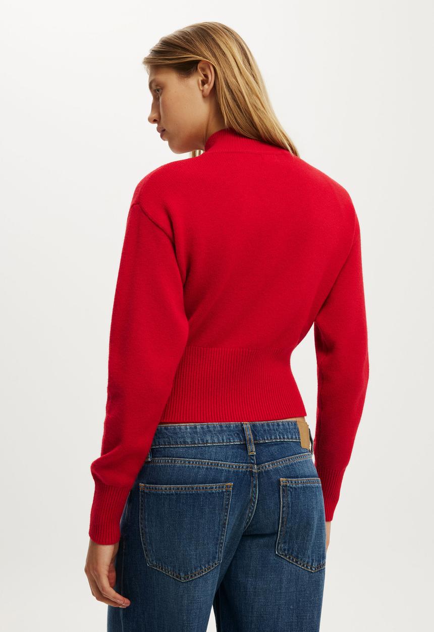 Cotton On - Lotus Cinched Zip Knit - Red Petal