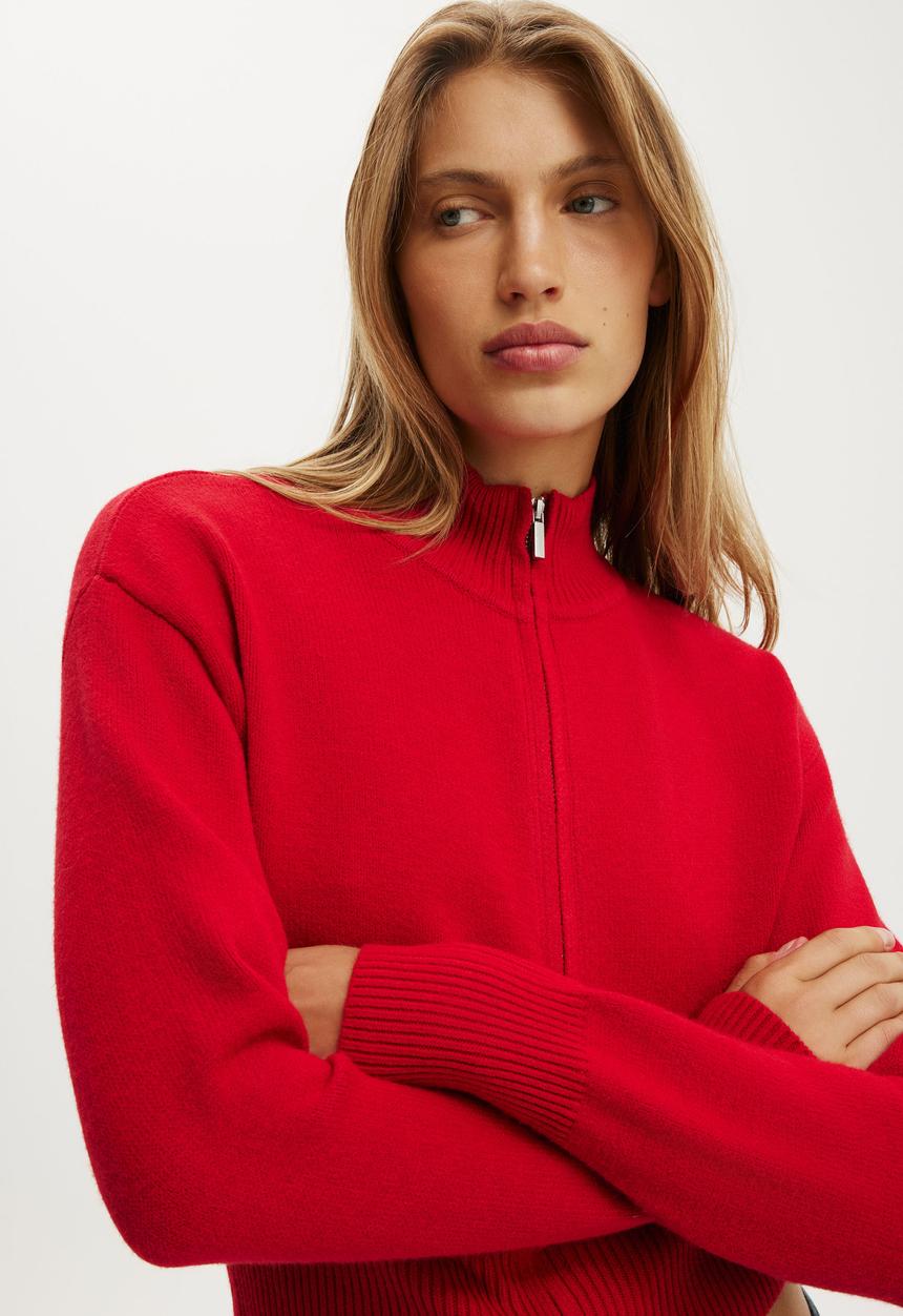 Cotton On - Lotus Cinched Zip Knit - Red Petal