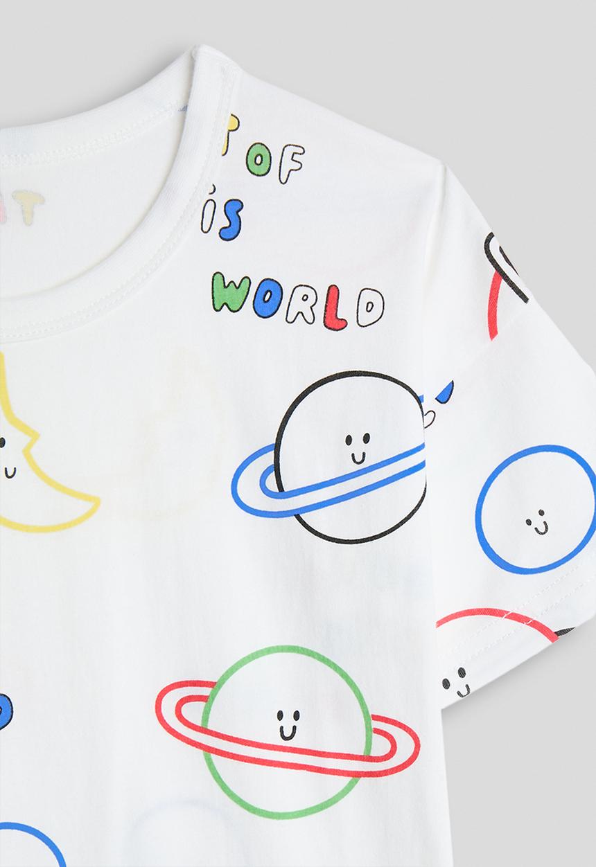 Pop Candy - Planet aop tee with plain shorts pj set - white/blue