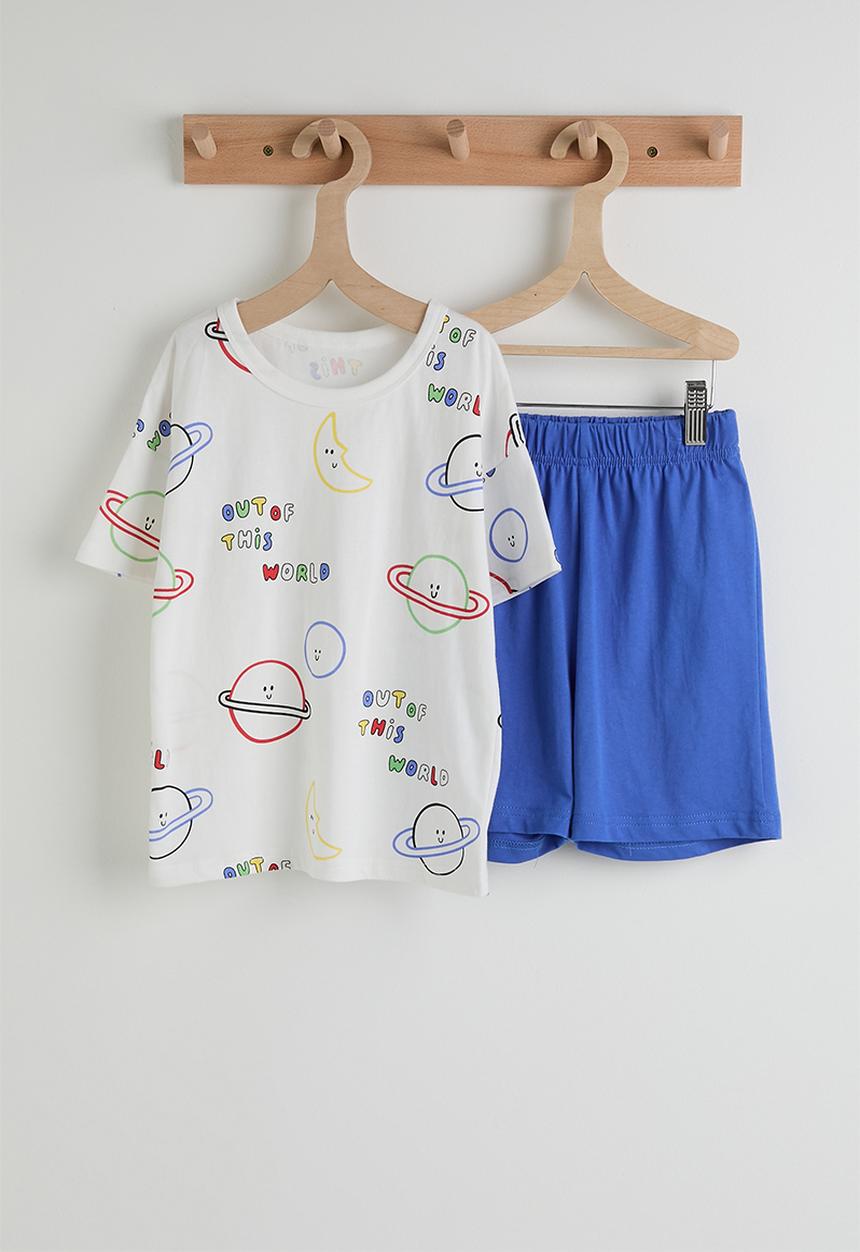 Pop Candy - Planet aop tee with plain shorts pj set - white/blue