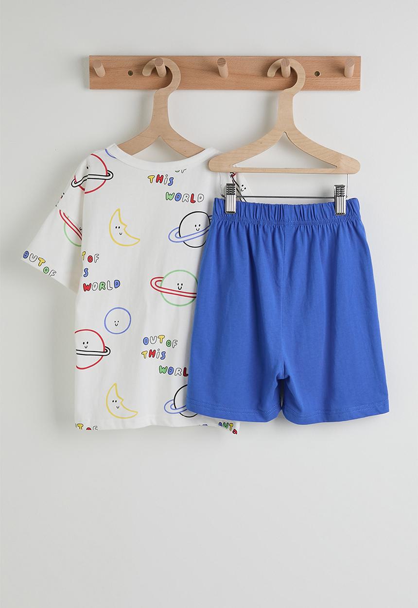 Pop Candy - Planet aop tee with plain shorts pj set - white/blue