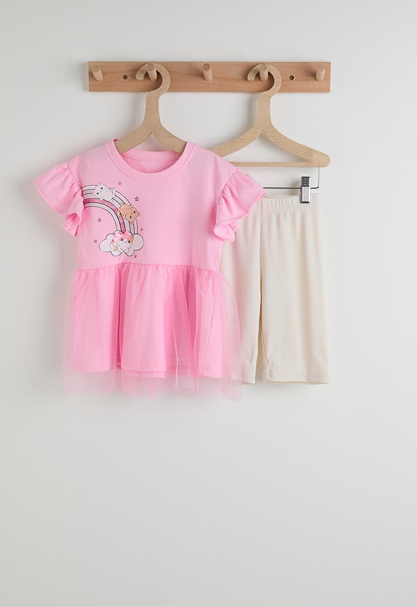 Pop Candy - Tulle overlay peplum tee with capri leggings - pink/cream
