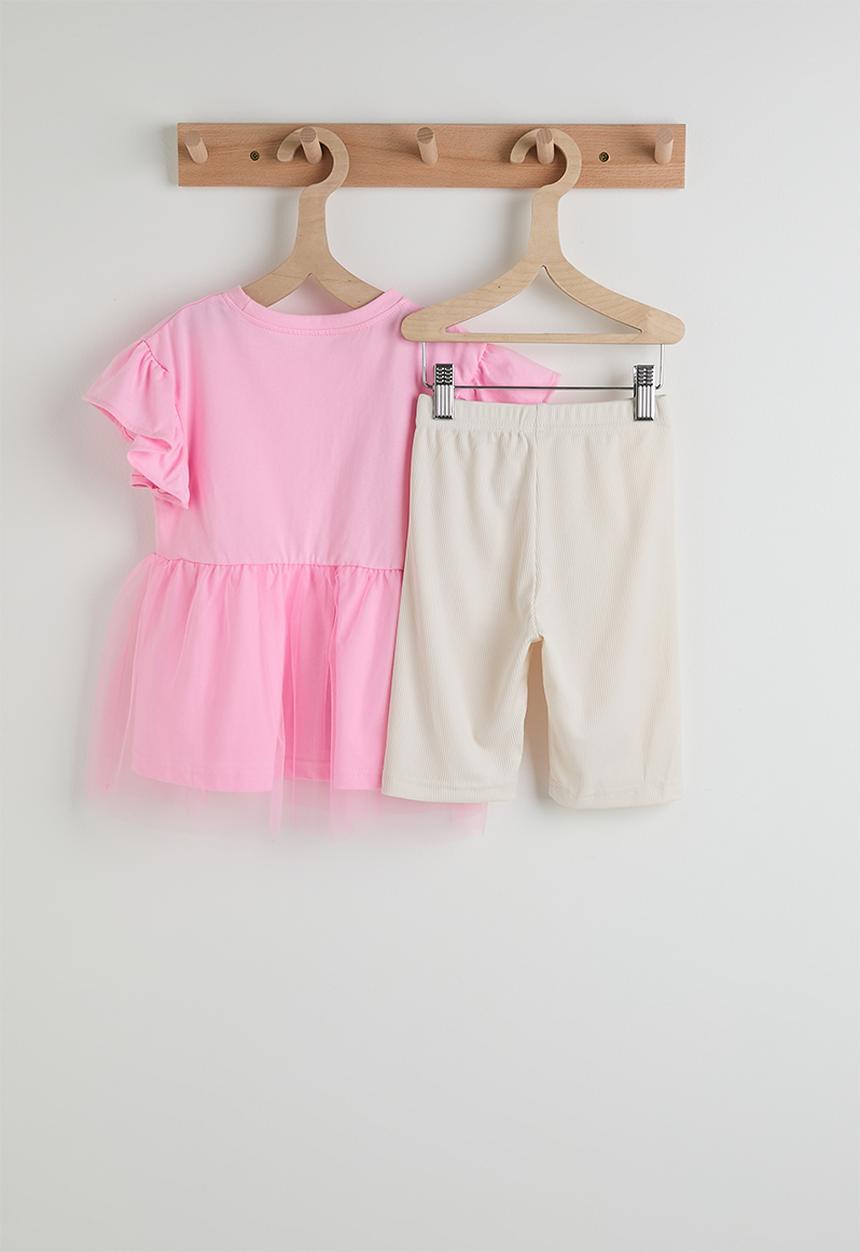 Pop Candy - Tulle overlay peplum tee with capri leggings - pink/cream