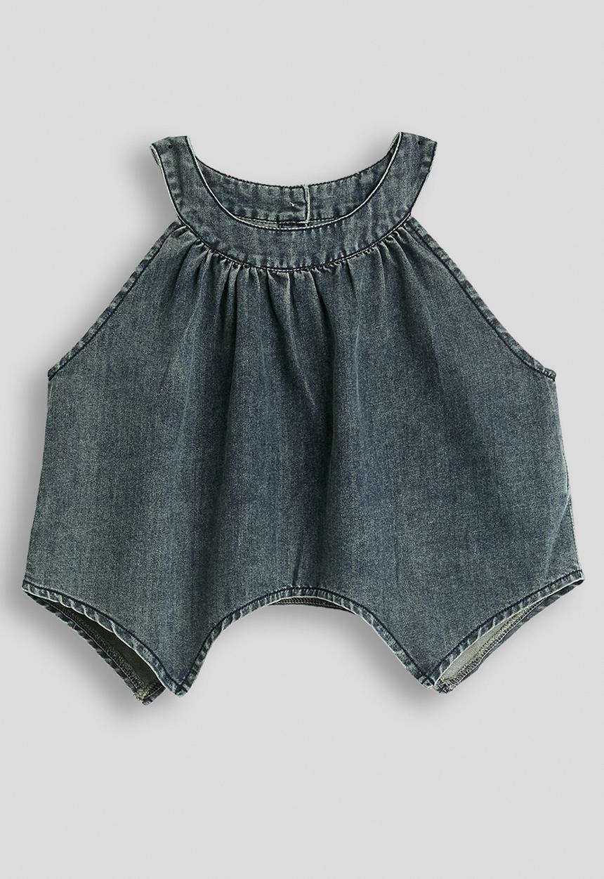 Pop Candy - Handkerchief hem denim top with shorts - washed blue