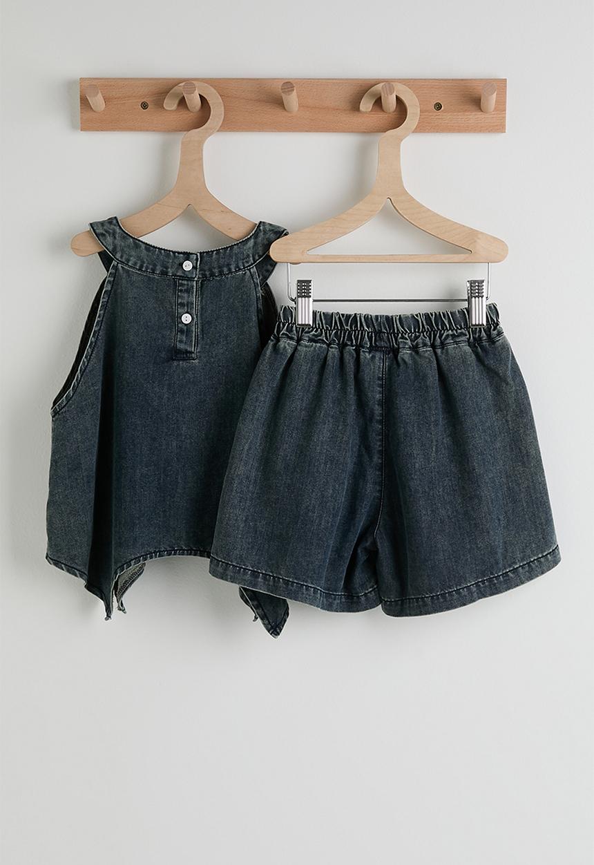 Pop Candy - Handkerchief hem denim top with shorts - washed blue