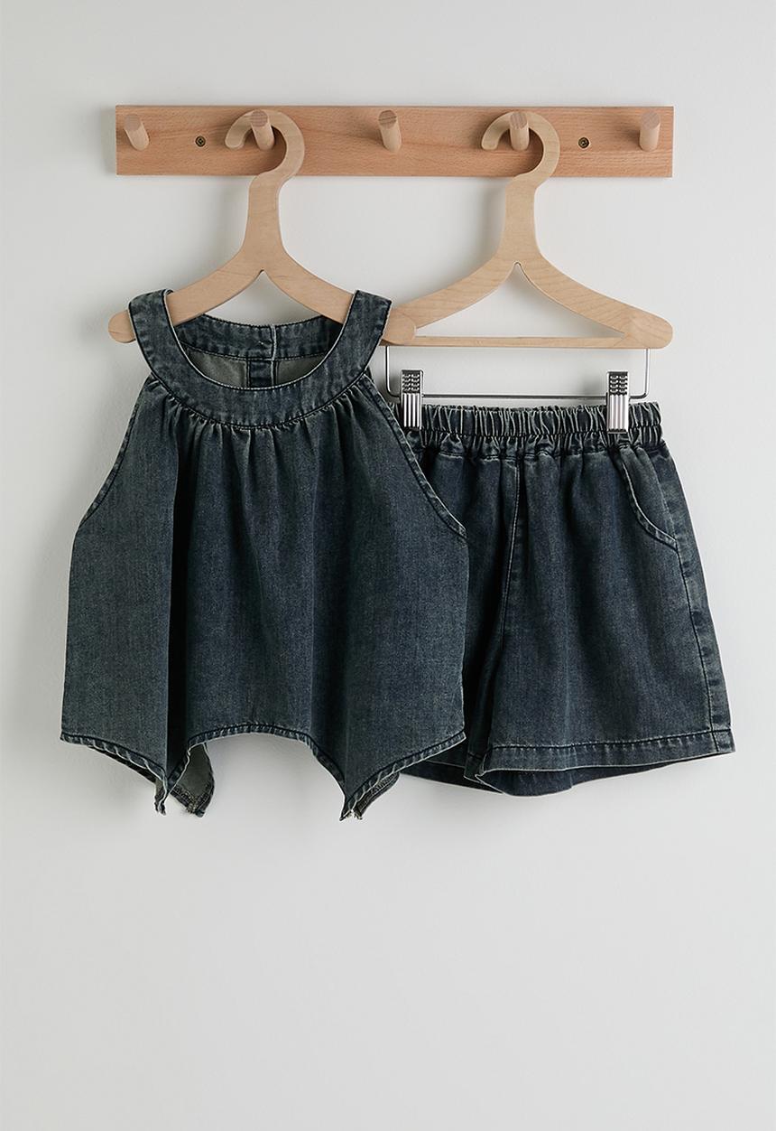 Pop Candy - Handkerchief hem denim top with shorts - washed blue