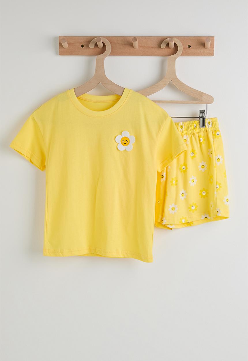 Pop Candy - Cartoon daisy applique tee with aop shorts - yellow