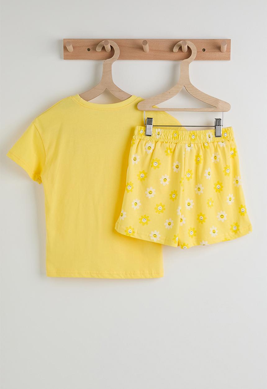 Pop Candy - Cartoon daisy applique tee with aop shorts - yellow