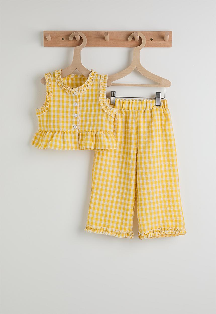 Pop Candy - Gingham ruffled trim blouse and pants - yellow