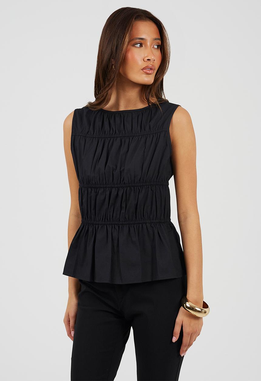 Brave Soul - Ladies Sleeveless Ruched Poplin Top - Black