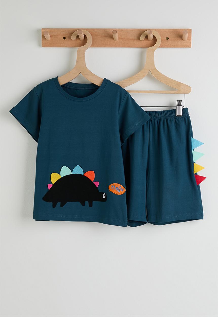 Pop Candy - Dino graphic tee with side spike shorts - sea blue