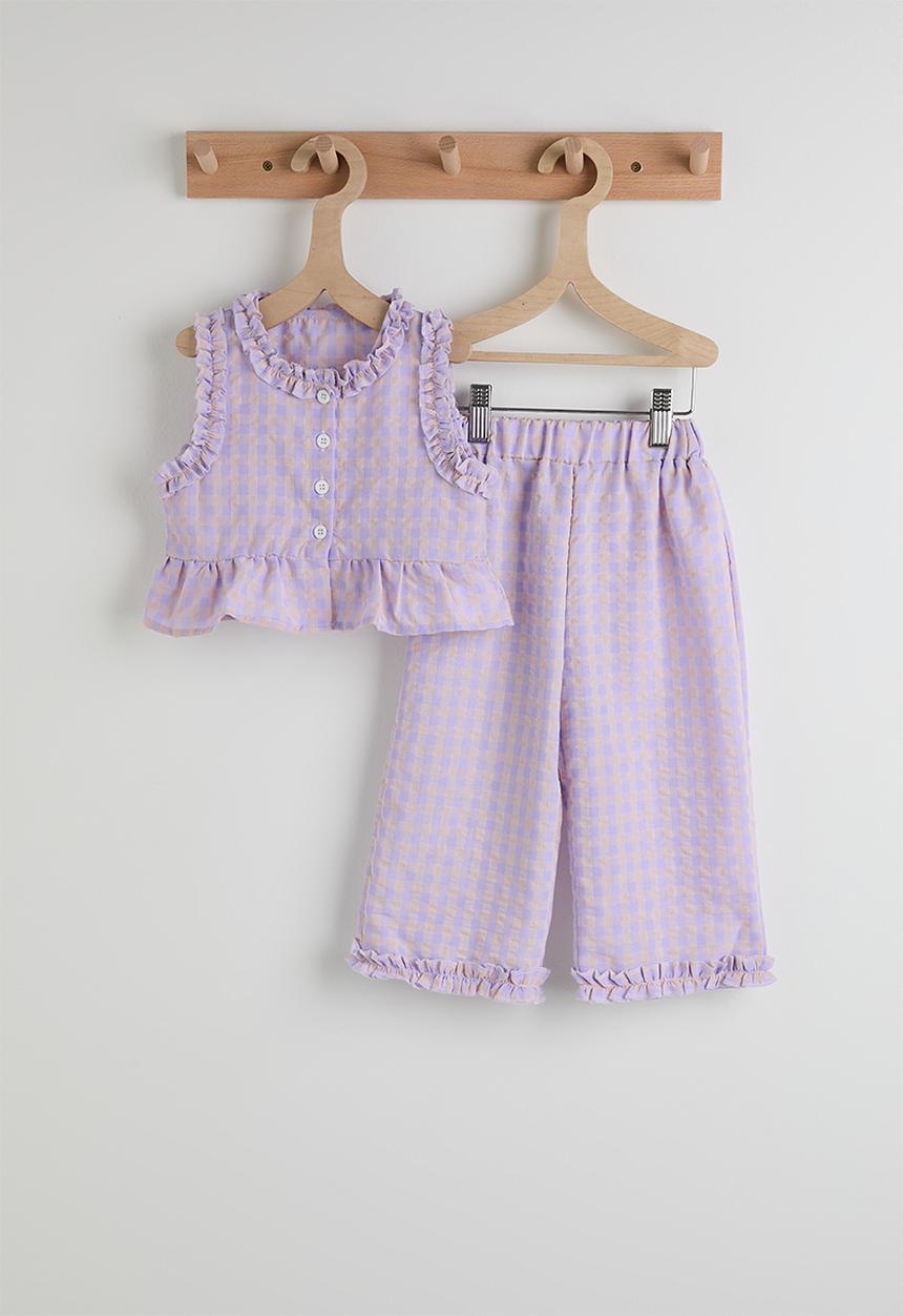 Pop Candy - Gingham ruffled trim blouse and pants - lilac/light pink