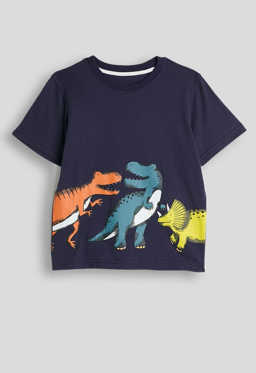 Pop Candy - Dino graphic tee with striped shorts - navy/beige