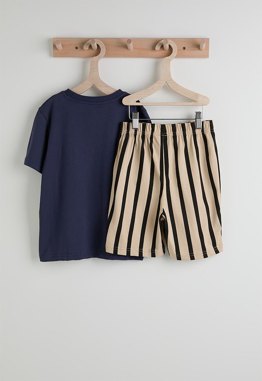 Pop Candy - Dino graphic tee with striped shorts - navy/beige