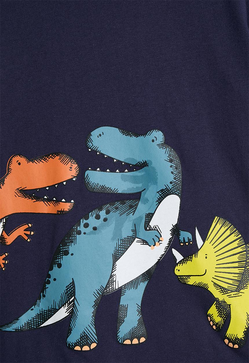 Pop Candy - Dino graphic tee with striped shorts - navy/beige