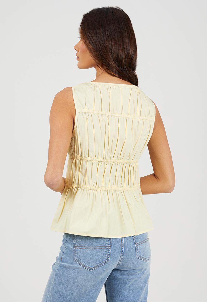 Brave Soul - Ladies Sleeveless Ruched Poplin Top - Yellow