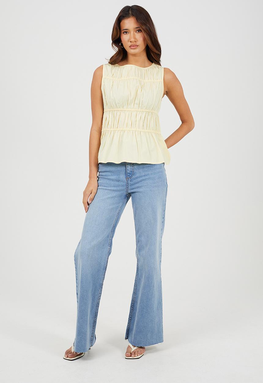 Brave Soul - Ladies Sleeveless Ruched Poplin Top - Yellow