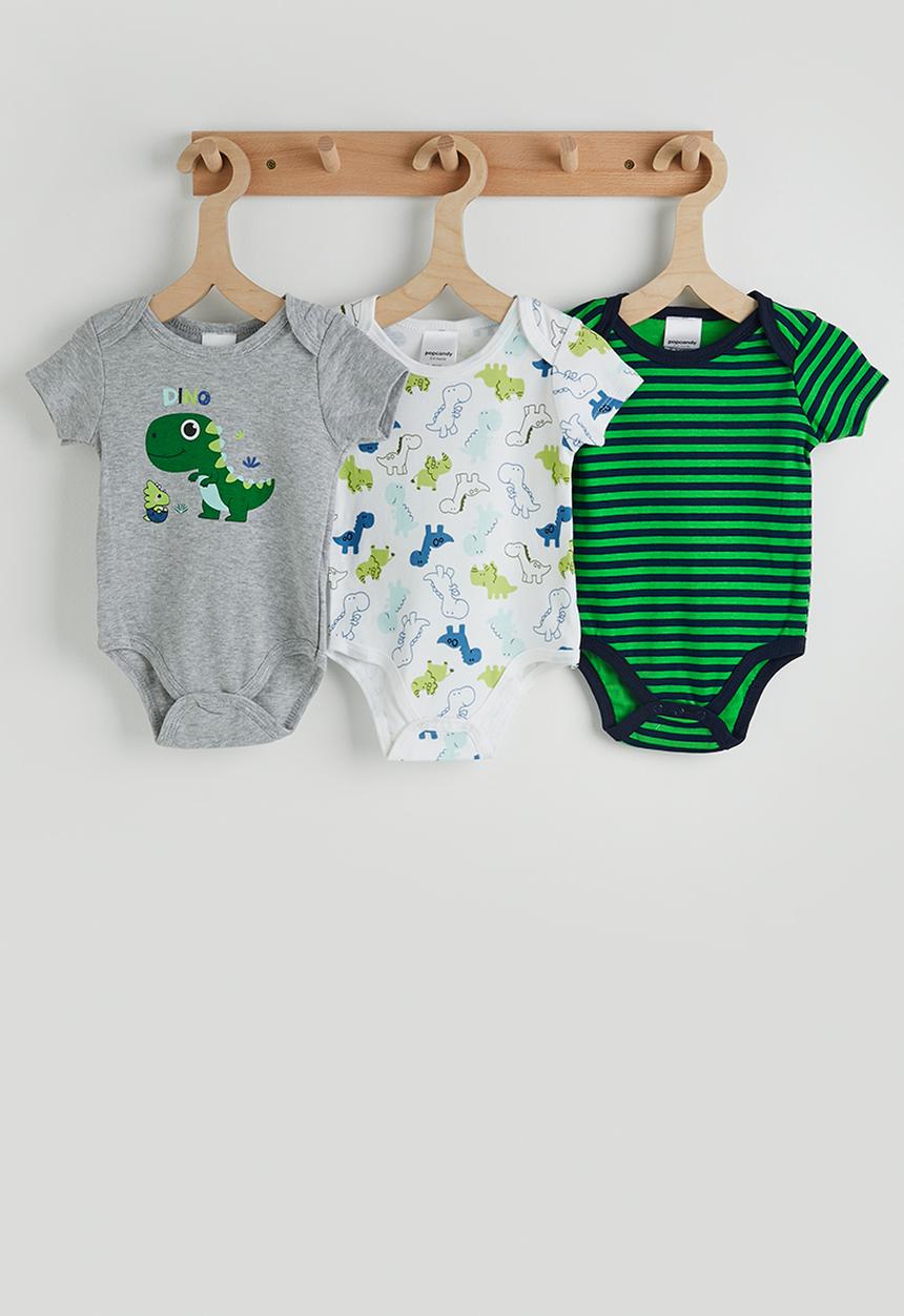 Pop Candy - 3 pack bodysuit - grey/dino aop/green stripes