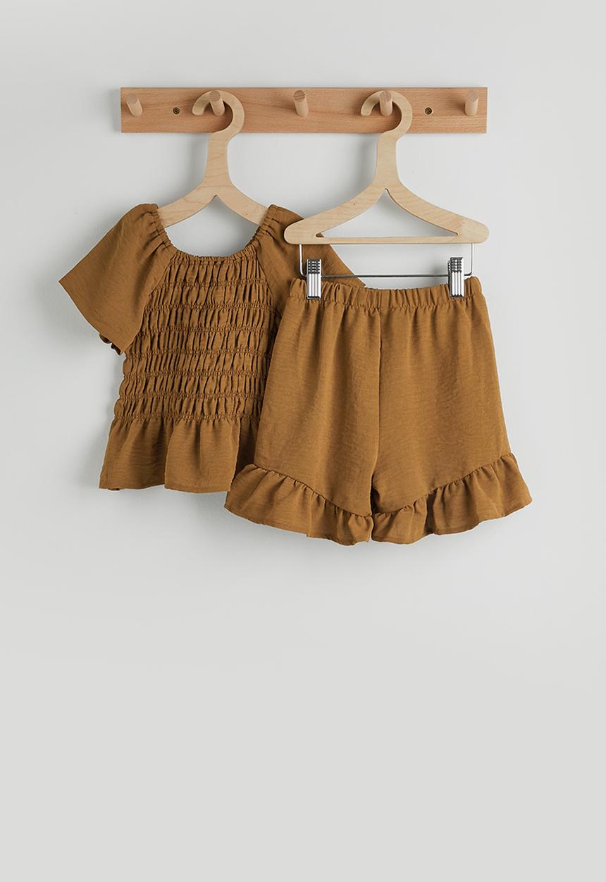 Pop Candy - Shirred bodice blouse with frilled hem shorts - brown