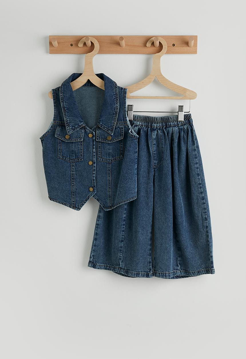 Pop Candy - Denim collared vest with bermuda shorts - dark blue