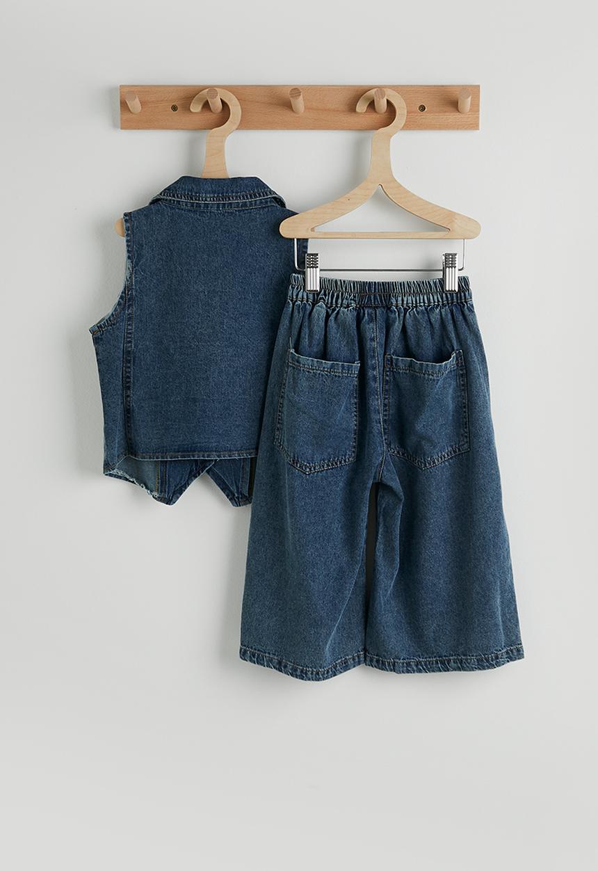 Pop Candy - Denim collared vest with bermuda shorts - dark blue