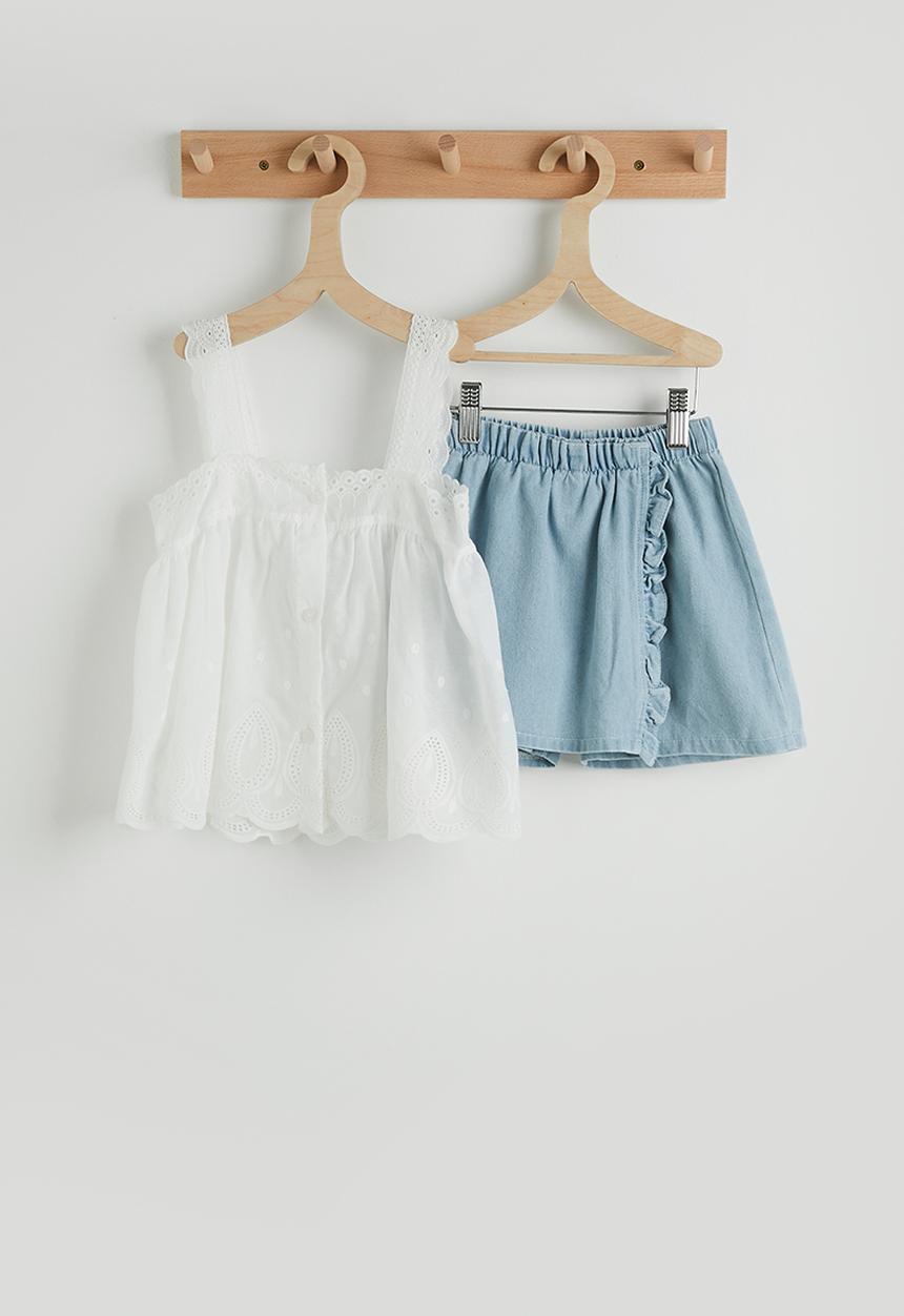 Pop Candy - Anglaise square neck top with denim skort - white/blue