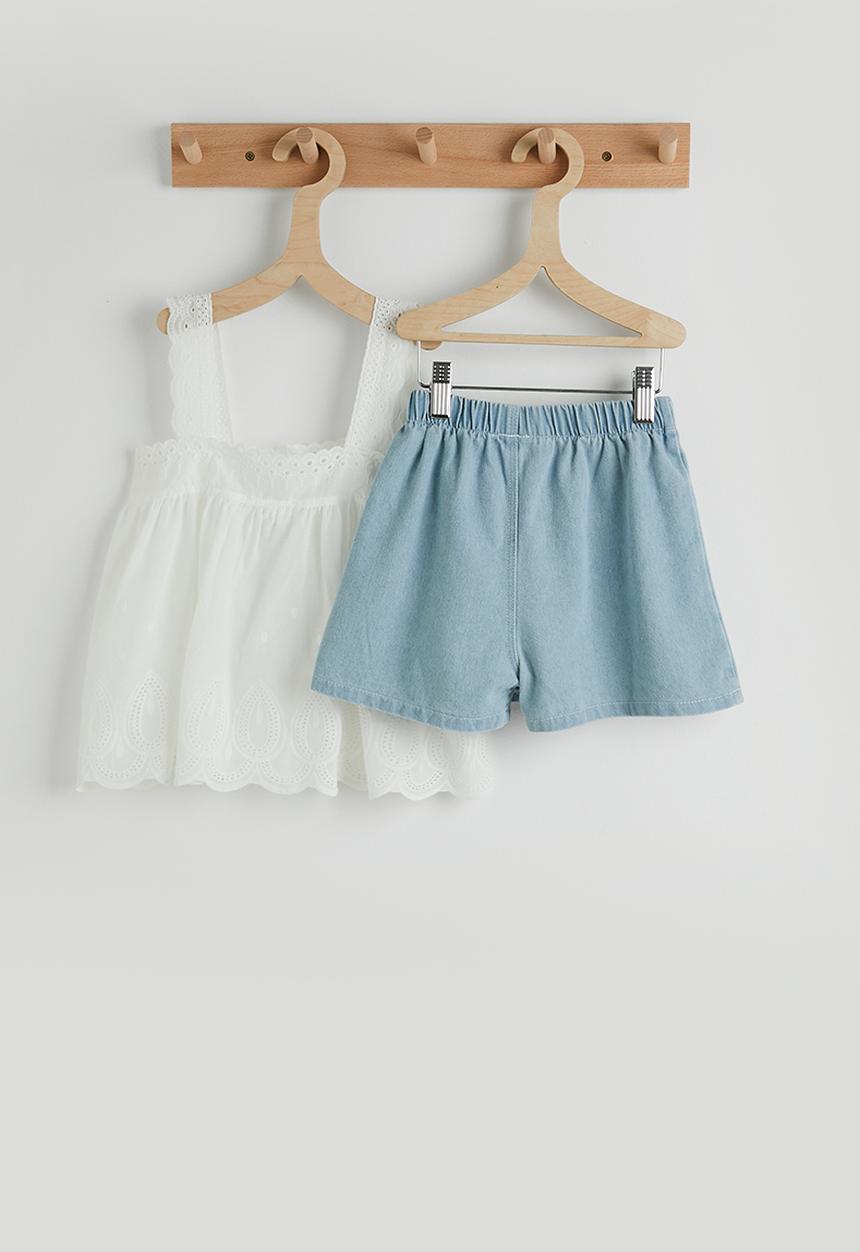 Pop Candy - Anglaise square neck top with denim skort - white/blue