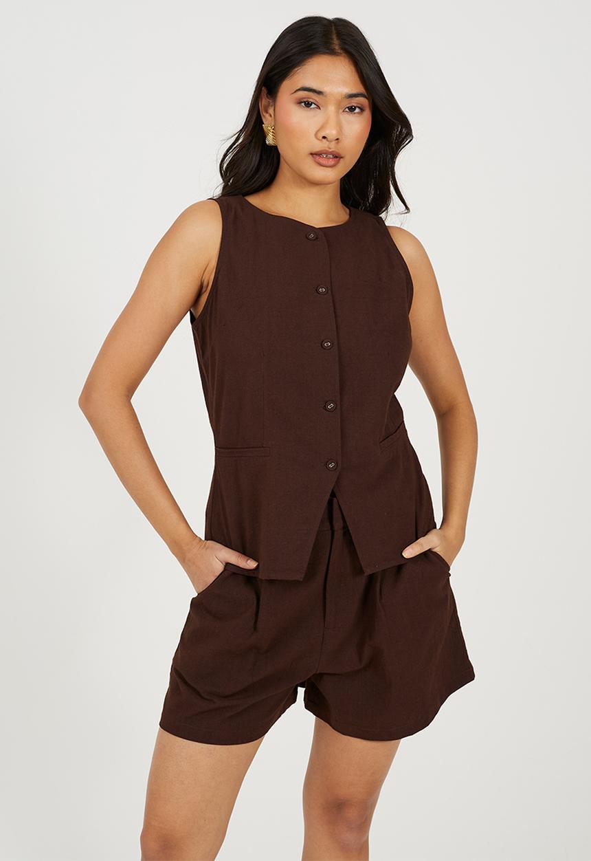 Brave Soul - Ladies Woven Button Through Tailored Vest - Chocolate