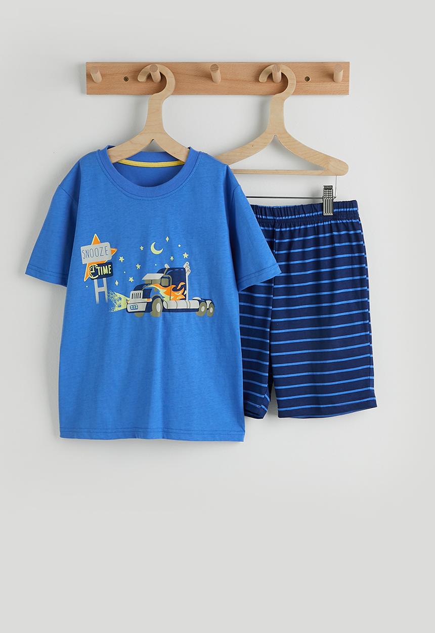 Pop Candy - Truck graphic and slogan tee with striped shorts - blue