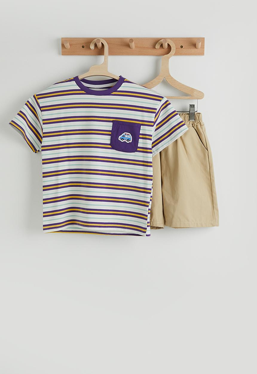 Pop Candy - Purple striped tee with shorts - purple stripes/beige