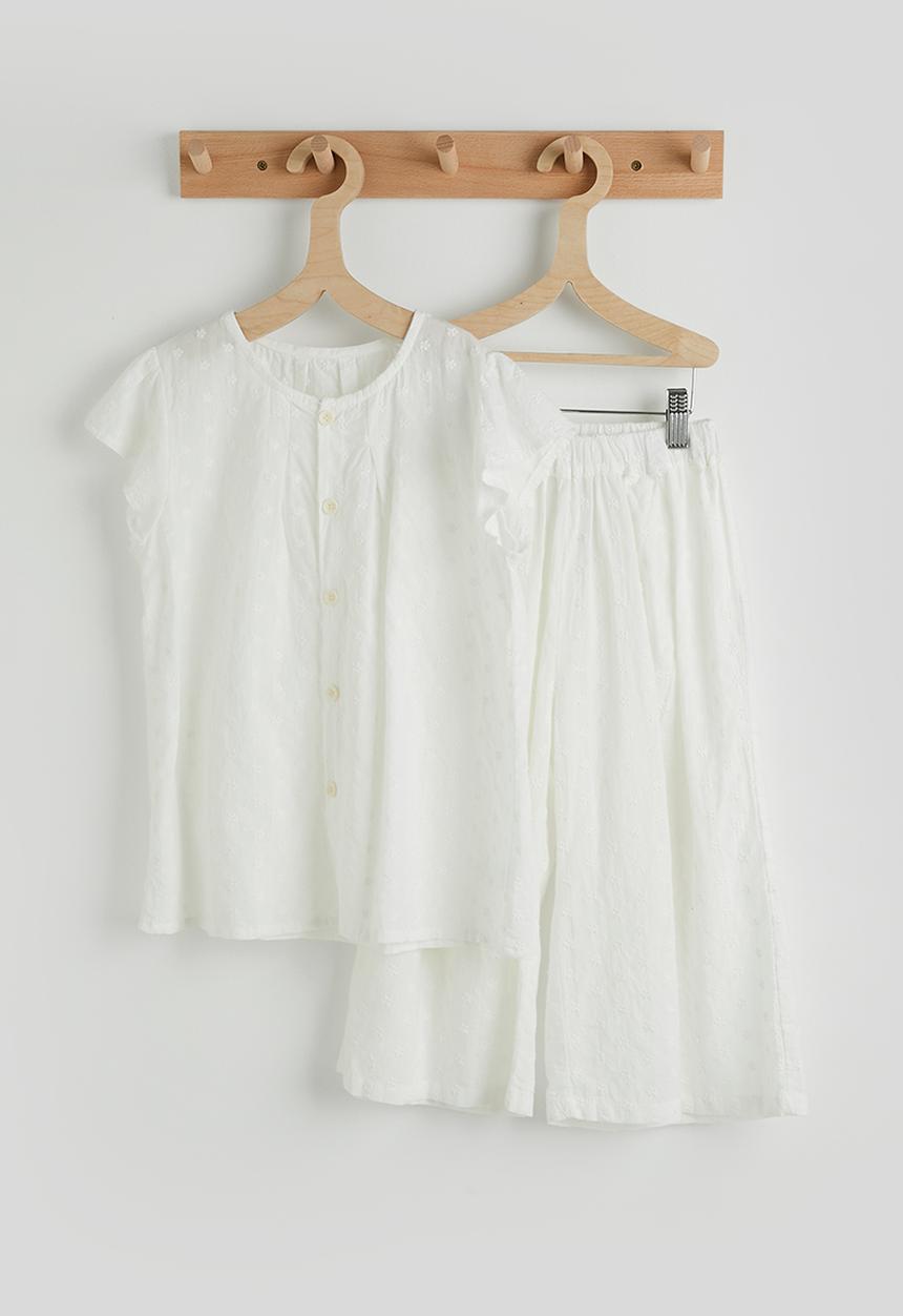 Pop Candy - Anglaise button down blouse with wide leg pants - white